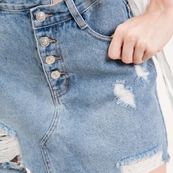 Distress Button front Mini Denim Skirt - Picture 2 of 4